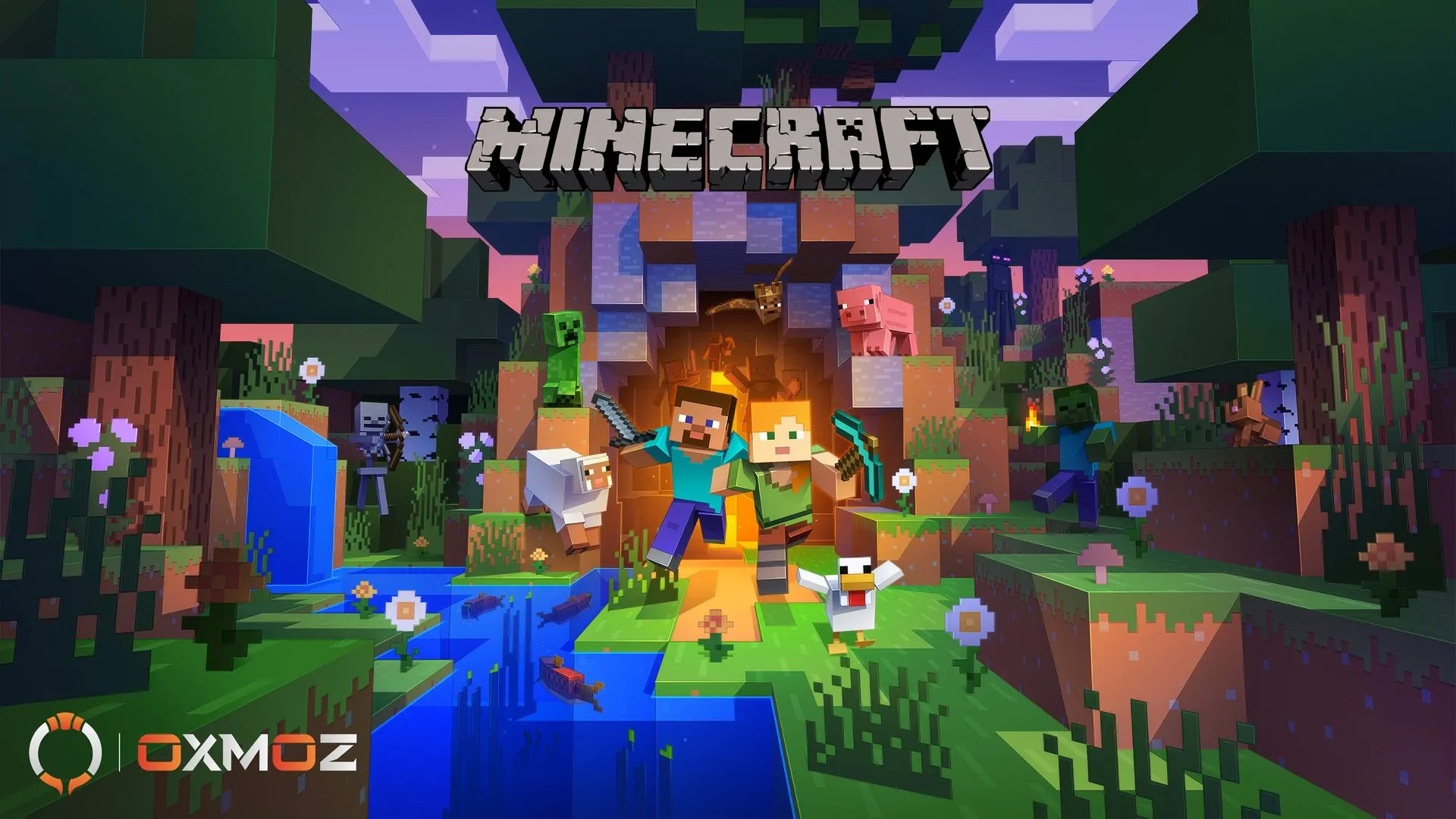Visuel Minecraft : deux aventuriers sortent d'une grotte lumineuse, entourés d'animaux et de monstres, au bord d'une cascade