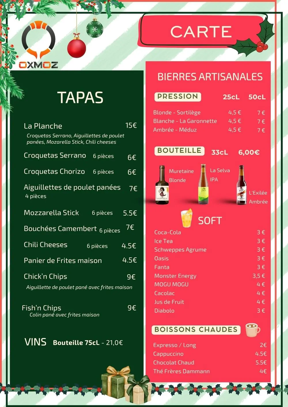 Carte du bar d'Oxmoz VR : tapas, bières artisanales, softs et boissons chaudes
