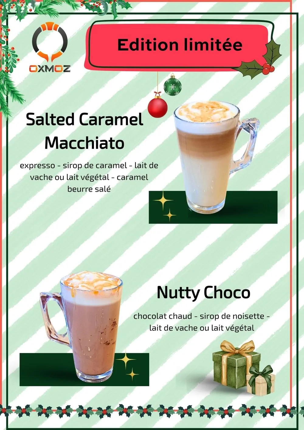 Carte des boissons de Noël en édition limitée au bar d'Oxmoz VR : Salted Caramel Macchiato et Nutty Choco